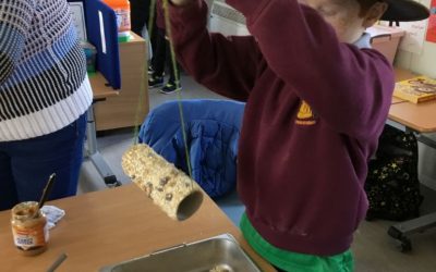 We made bird feeders using peanut butter, seeds, porridge and raisins.