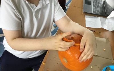 Halloween – Harvesting and Carving our Pumpkin. Dressing our Scarecrow